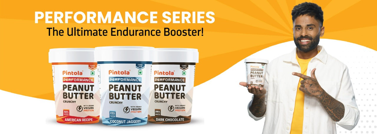 Pintola Performance Series Peanut Butters with Plant protein.  High in protein, naturally gluten-free & ZERO trans fat